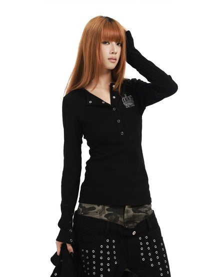 DETW OnLine Crown Embroidered Dark Henley Ribbed Slim Fit Women&