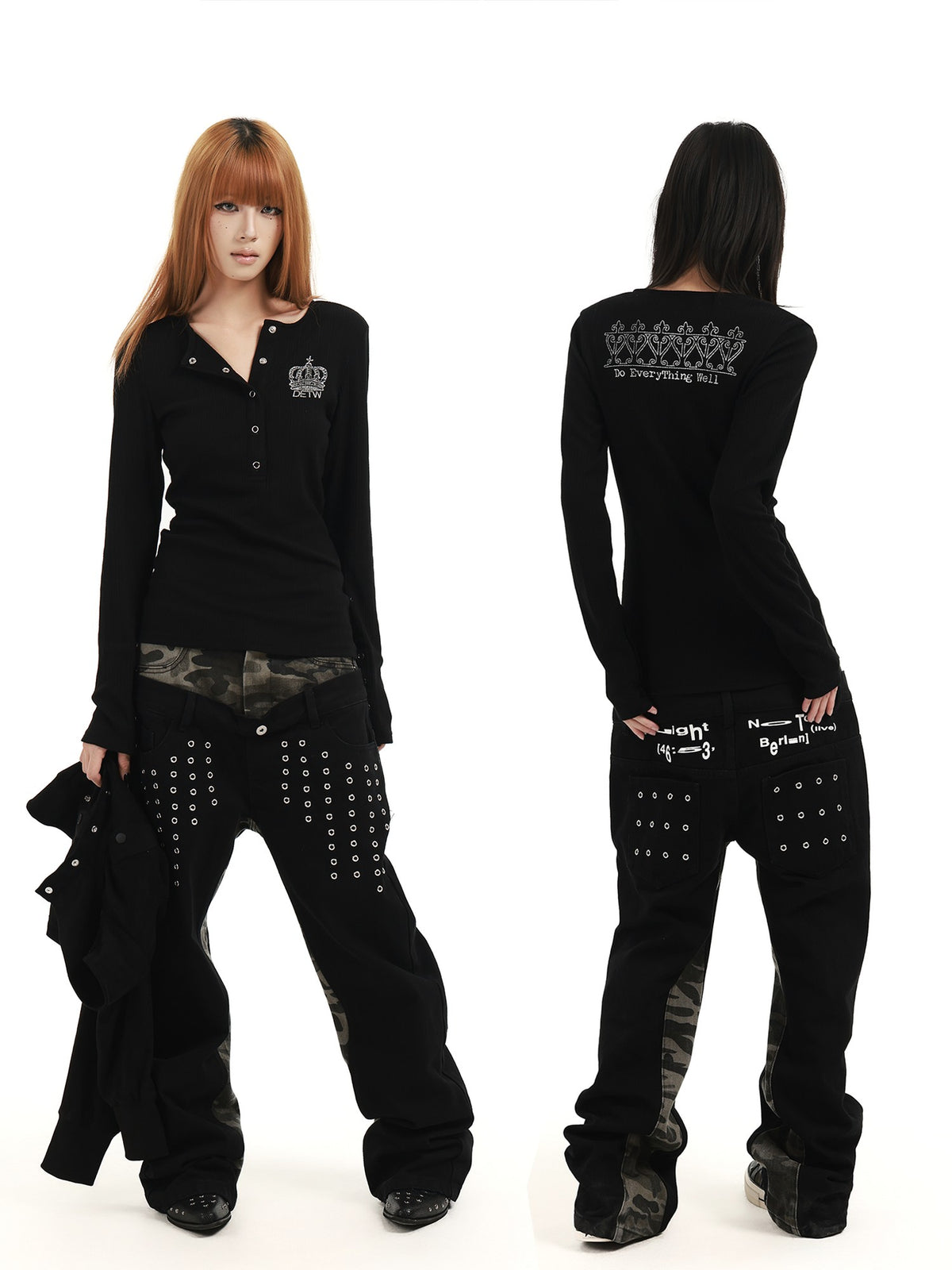 DETW OnLine Crown Embroidered Dark Henley Ribbed Slim Fit Women&