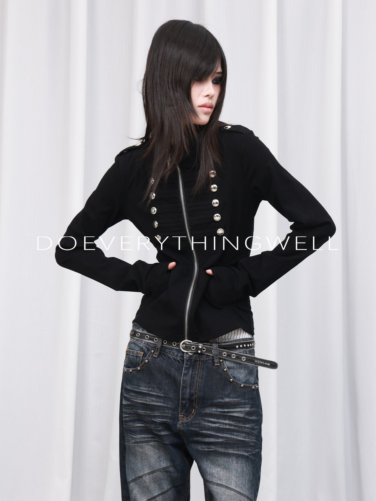 DETW OnLine Dark Palace Napoleon Letter Stand Collar Slim Fit Cropped Ribbed Women&