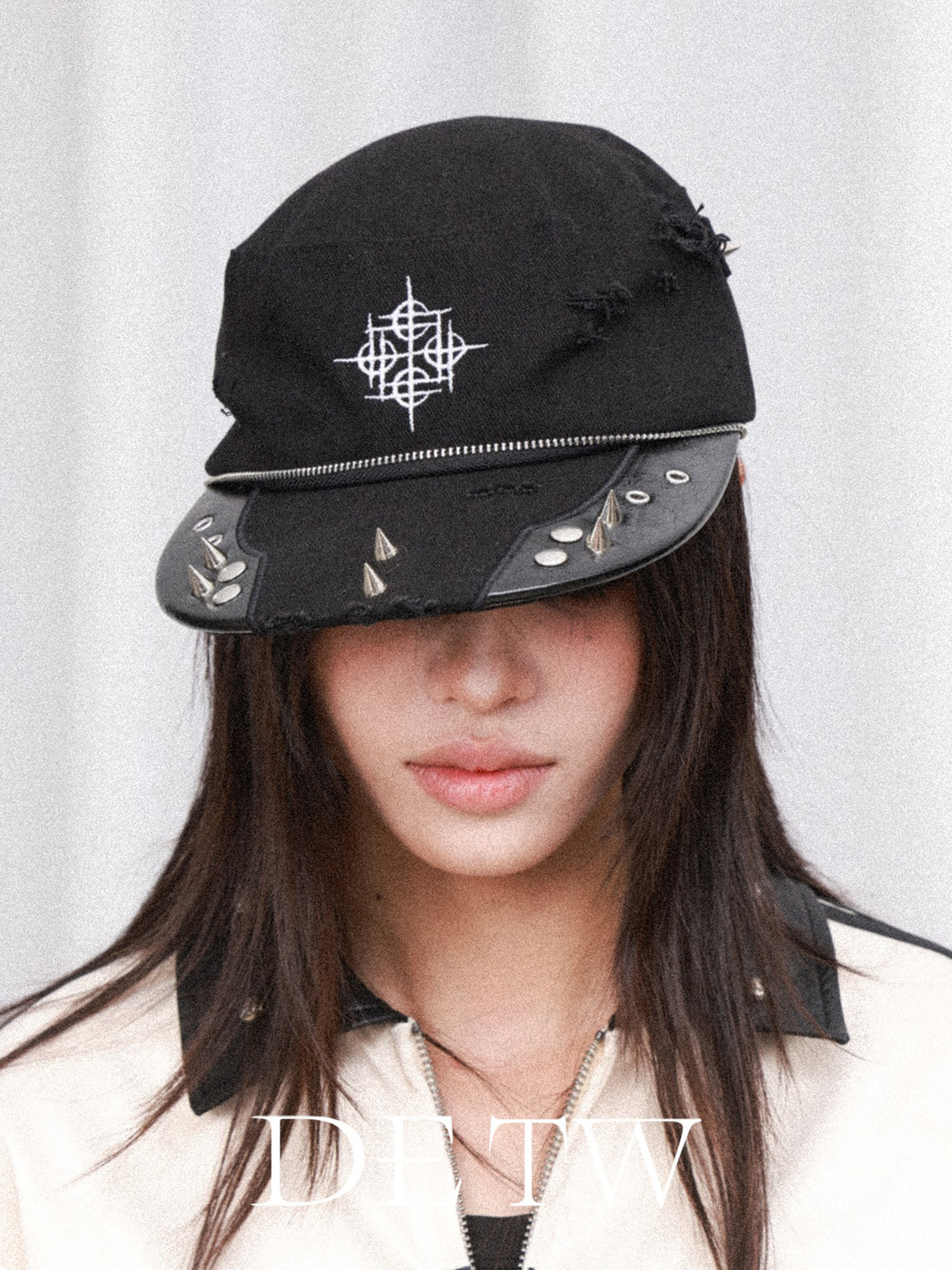 DETW OnLine Distressed Logo Embroidered Studded Zip Flat Brim Women&