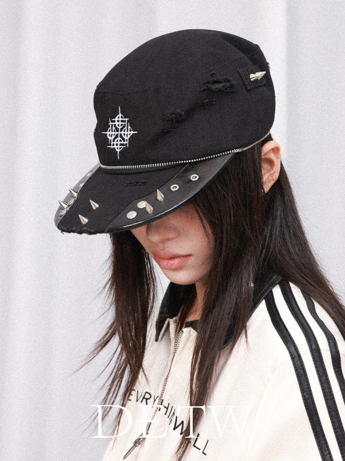 DETW OnLine Distressed Logo Embroidered Studded Zip Flat Brim Women&