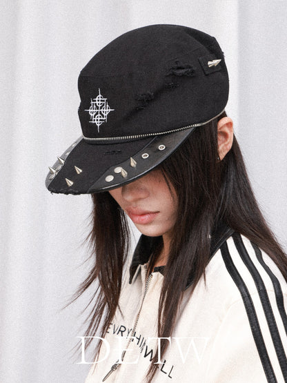 DETW OnLine Distressed Logo Embroidered Studded Zip Flat Brim Women&