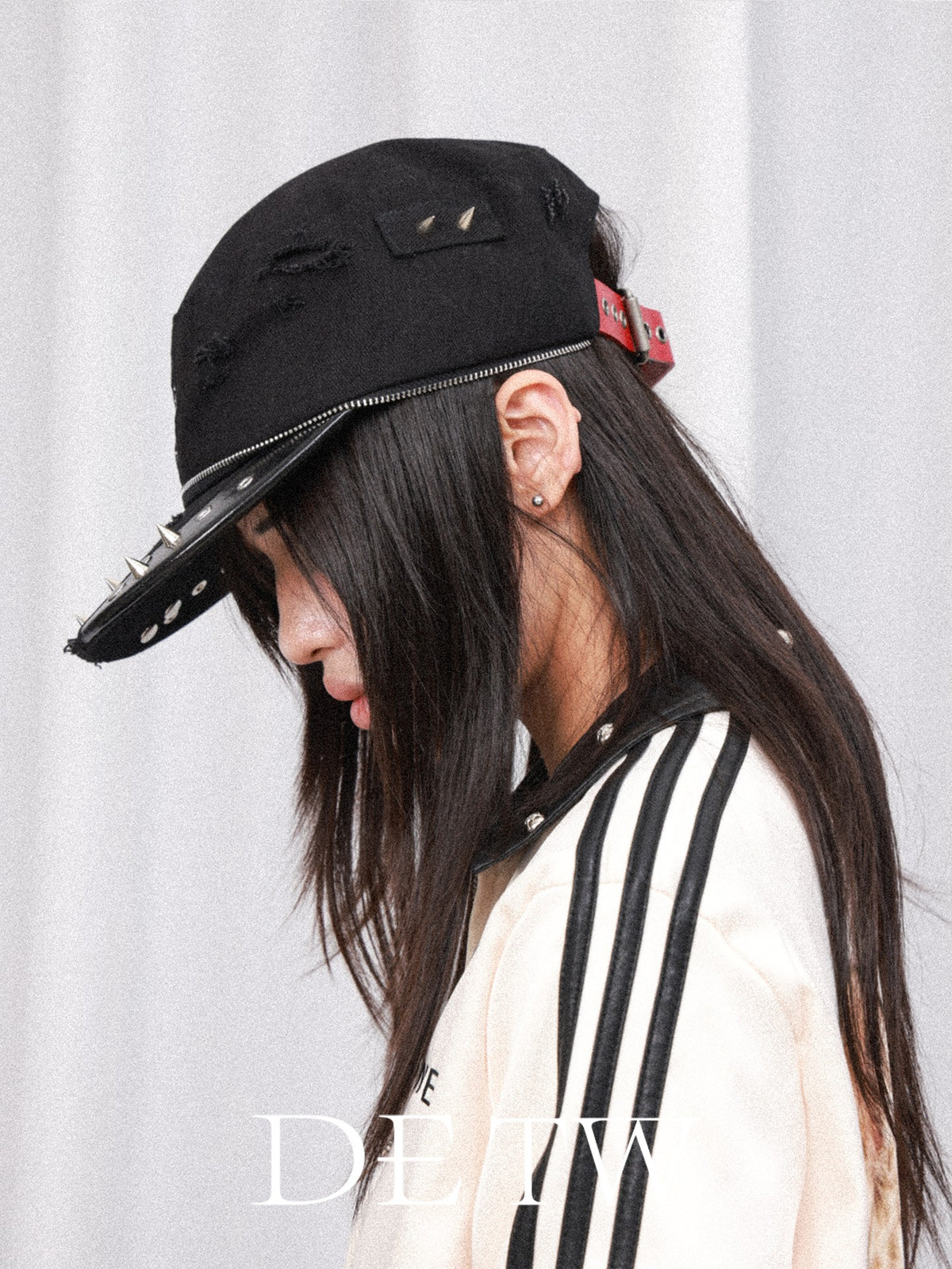 DETW OnLine Distressed Logo Embroidered Studded Zip Flat Brim Women&