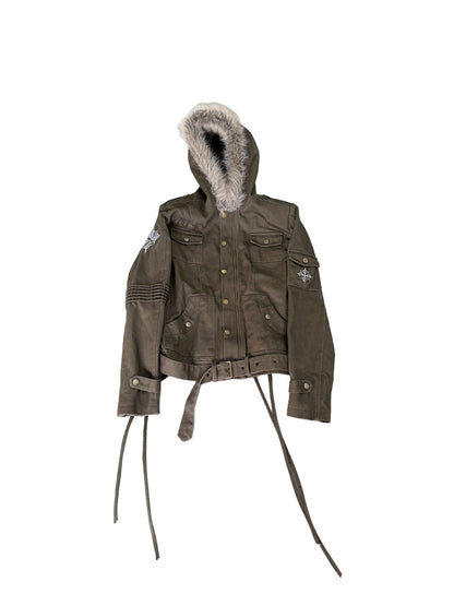 DETW_OnLine_Embroidered_Lace_Up_Multi_Pocket_Hooded_Faux_Fur_Collar_Women&