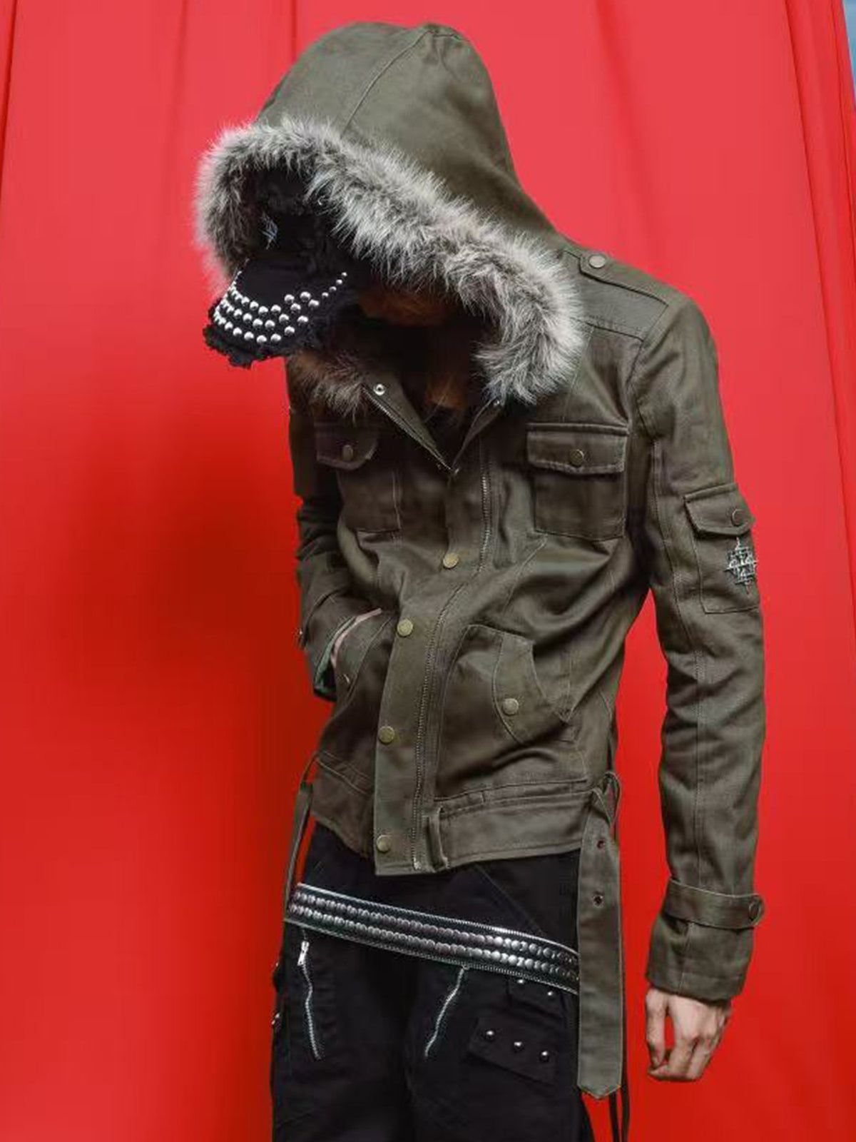 DETW OnLine Embroidered Lace Up Multi Pocket Hooded Faux Fur Collar Women&