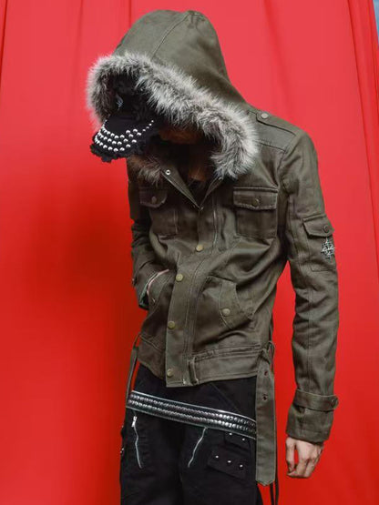 DETW OnLine Embroidered Lace Up Multi Pocket Hooded Faux Fur Collar Women&