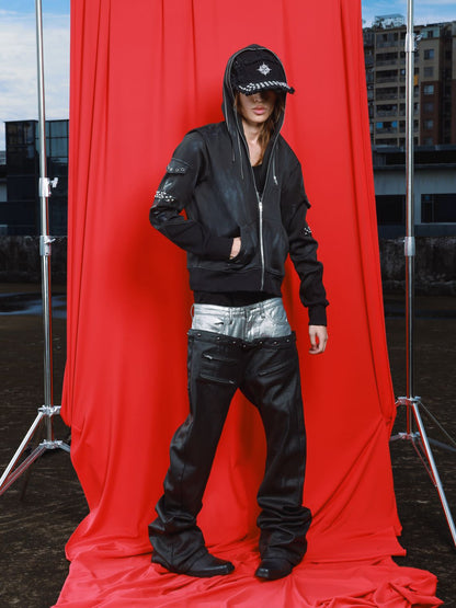 DETW OnLine Multi Zip Studded Distressed Washed Hooded Women&