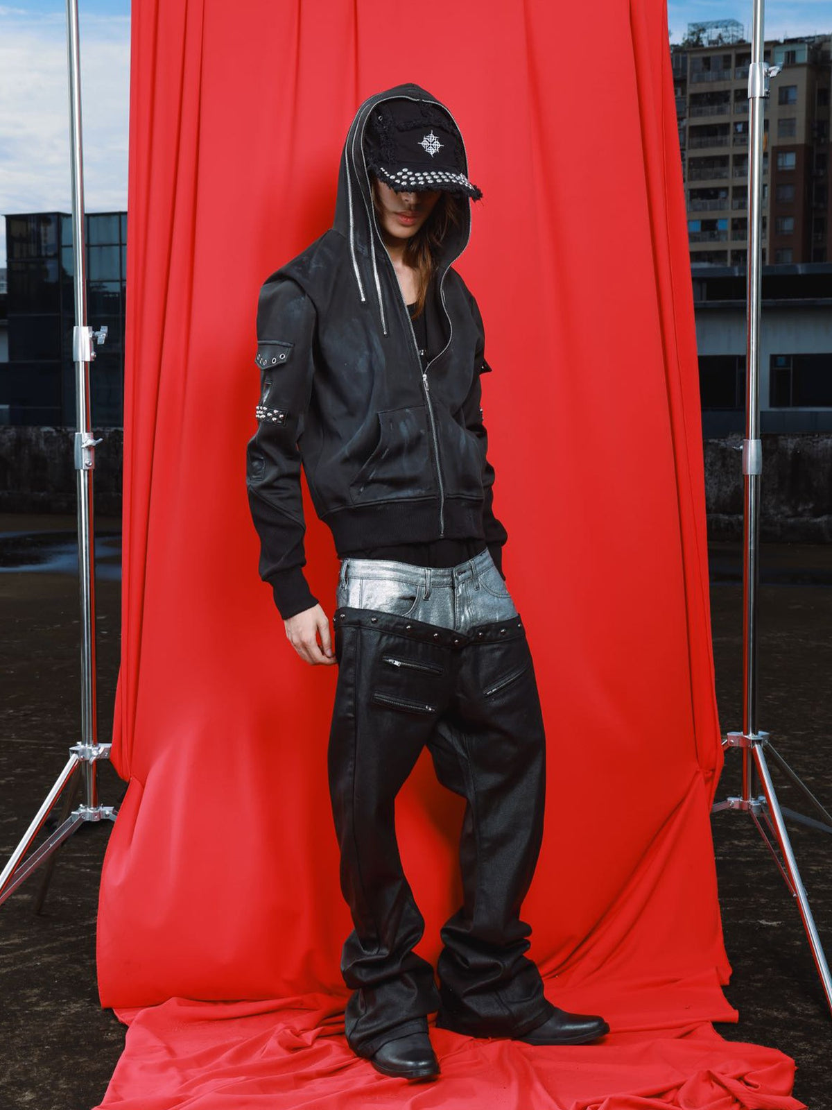 DETW OnLine Multi Zip Studded Distressed Washed Hooded Women&