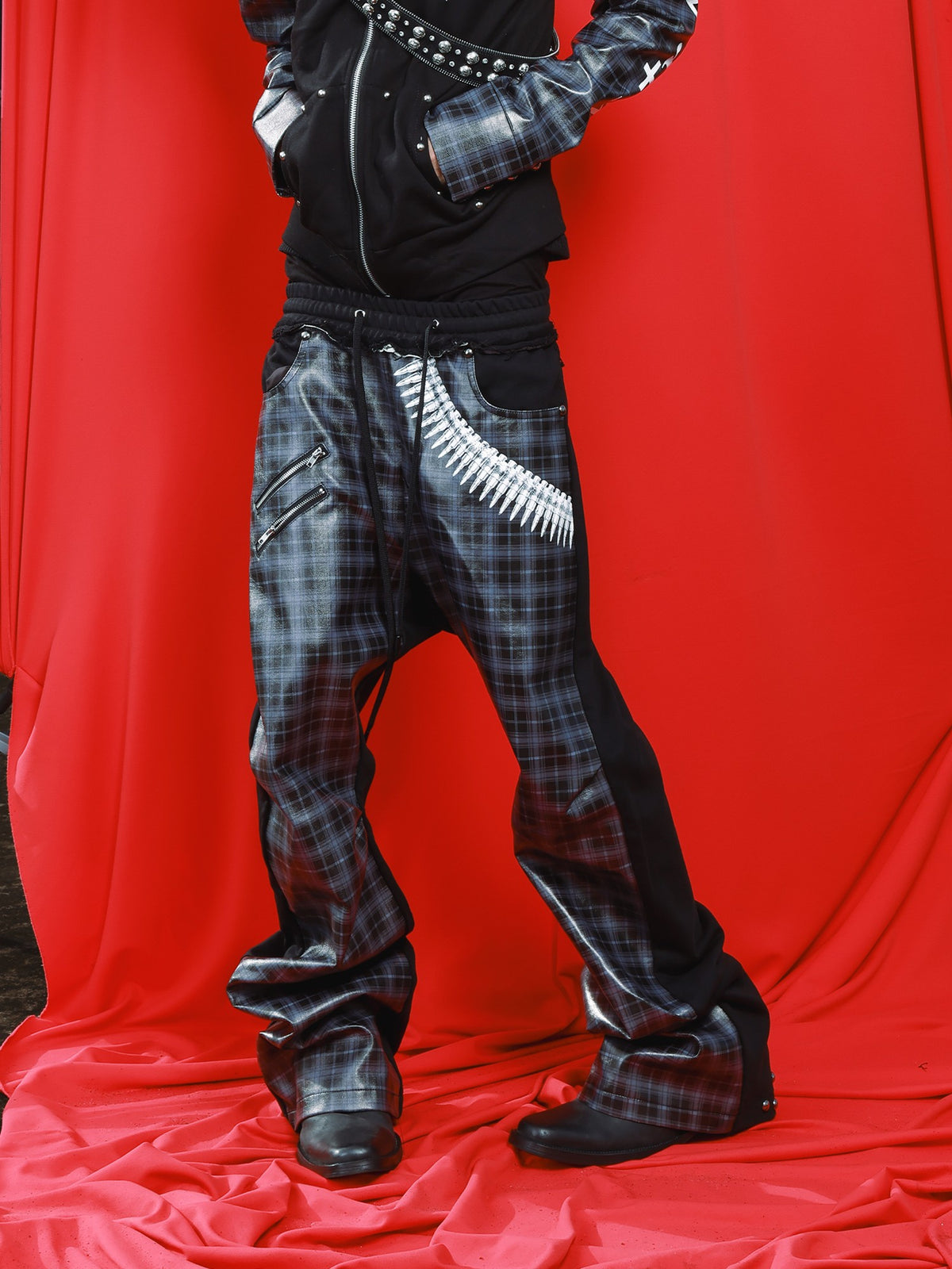 DETW OnLine Plaid Pu Leather Panel Ruched Streetwear Women&