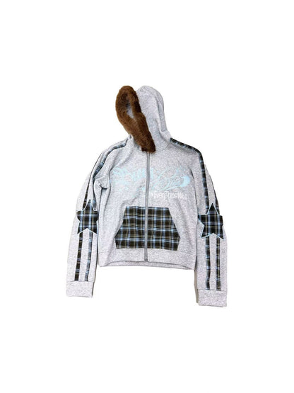 DETW_OnLine_Plaid_Star_Embroidered_Fur_Trim_Hooded_Women&