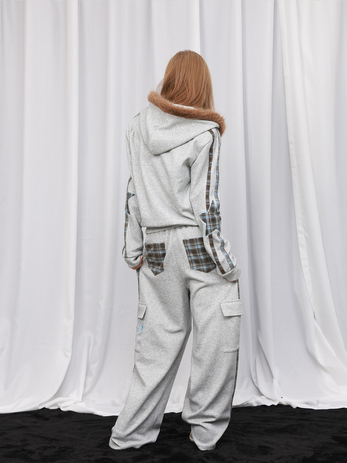 DETW OnLine Plaid Star Embroidered Fur Trim Hooded Women&