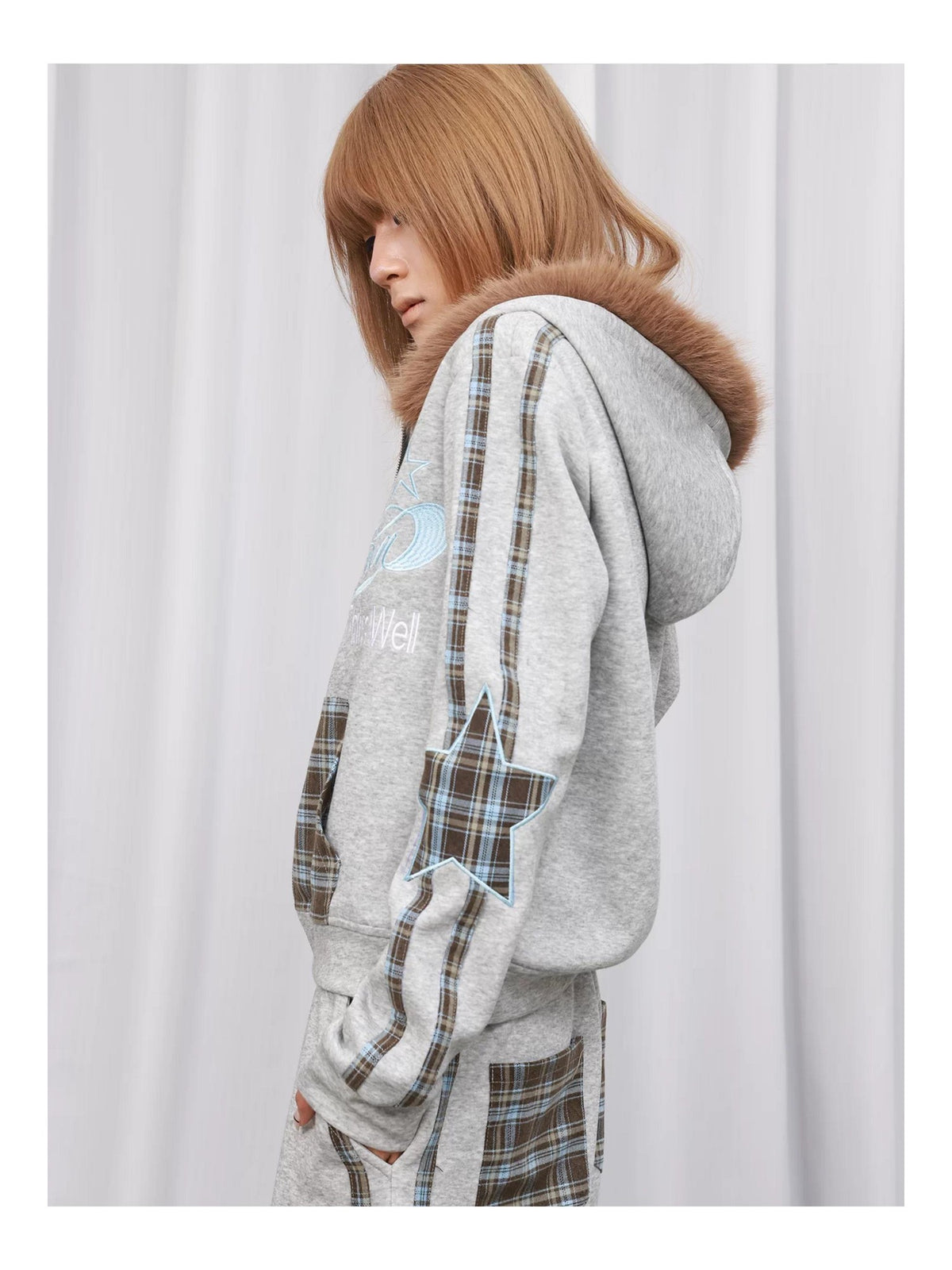 DETW OnLine Plaid Star Embroidered Fur Trim Hooded Women&