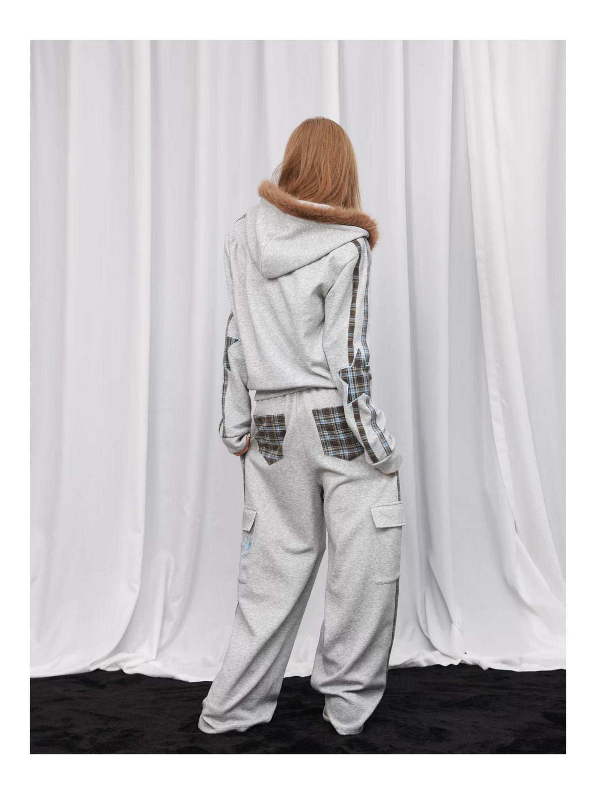 DETW OnLine Plaid Star Embroidered Fur Trim Hooded Women&