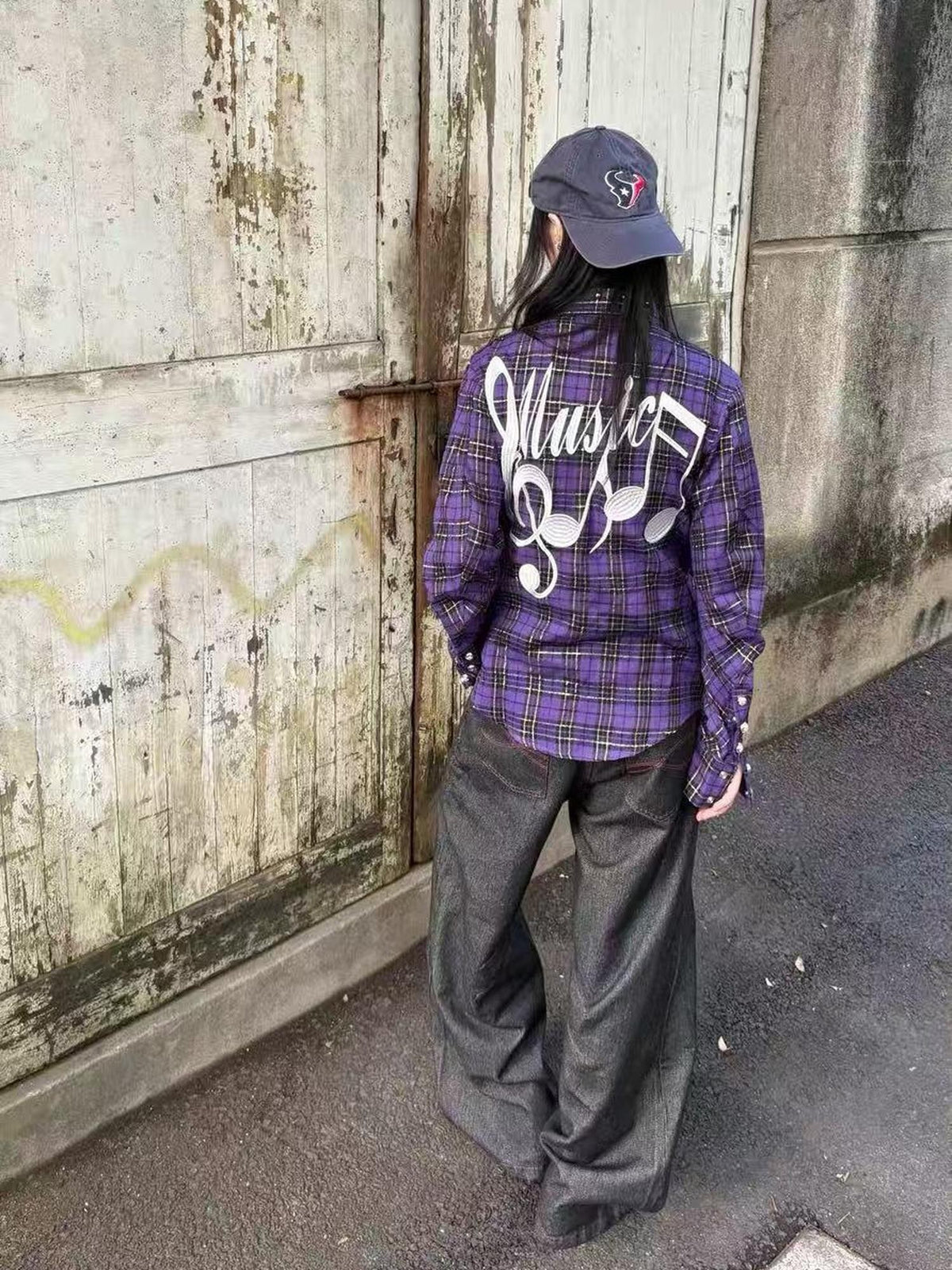 DETW OnLine Purple Plaid Patchwork Embroidered Loose Fit Women&