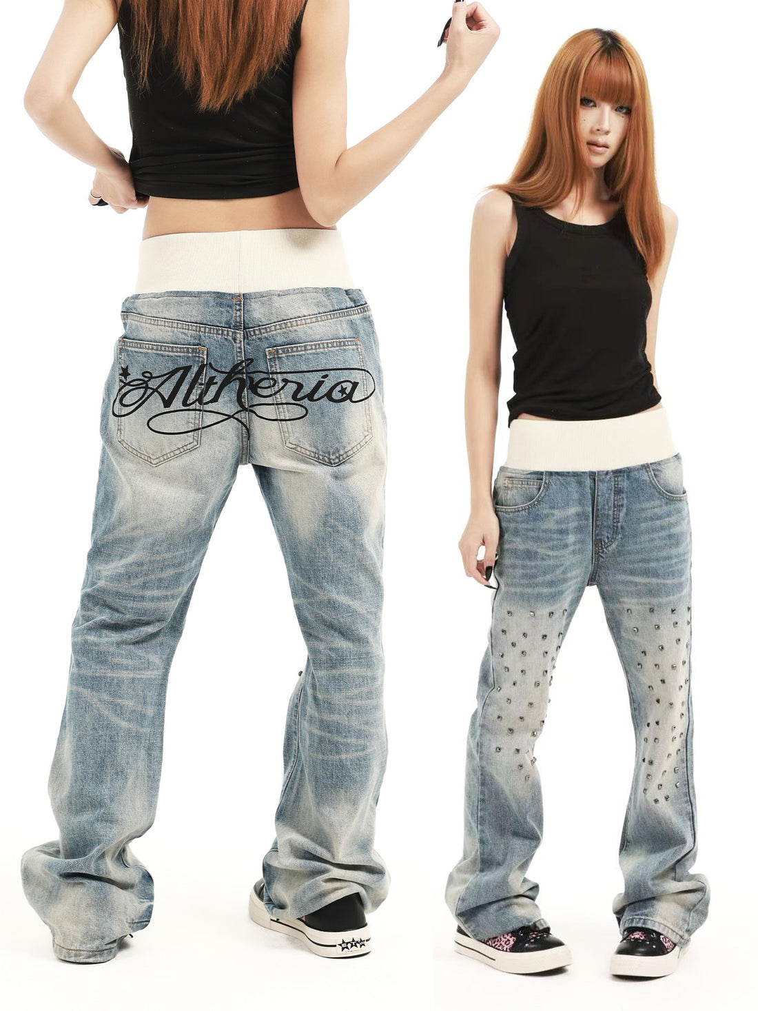 DETW OnLine Ribbed Knit Waist Rivet Slogan Print Loose Straight Women&