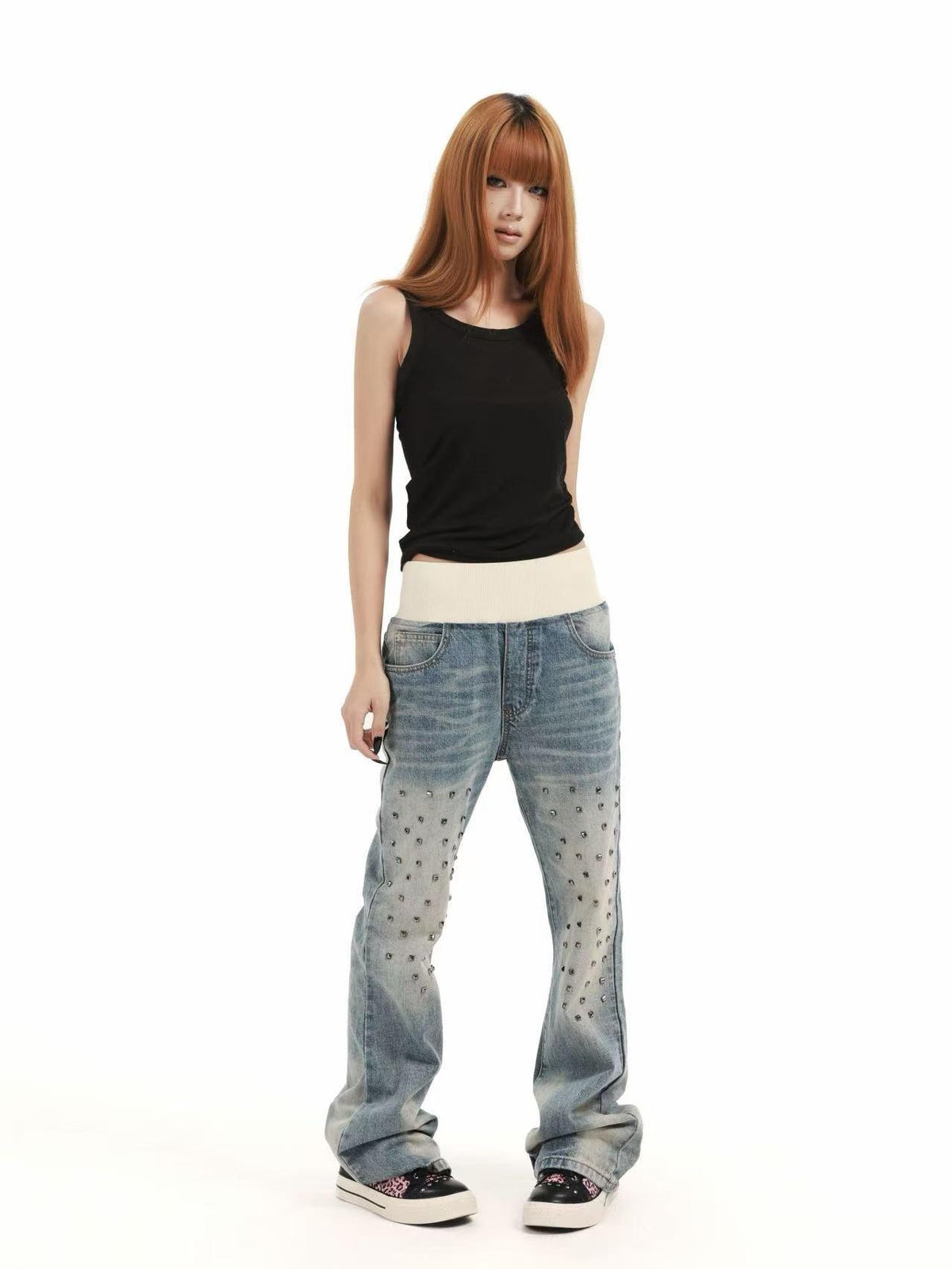 DETW OnLine Ribbed Knit Waist Rivet Slogan Print Loose Straight Women&