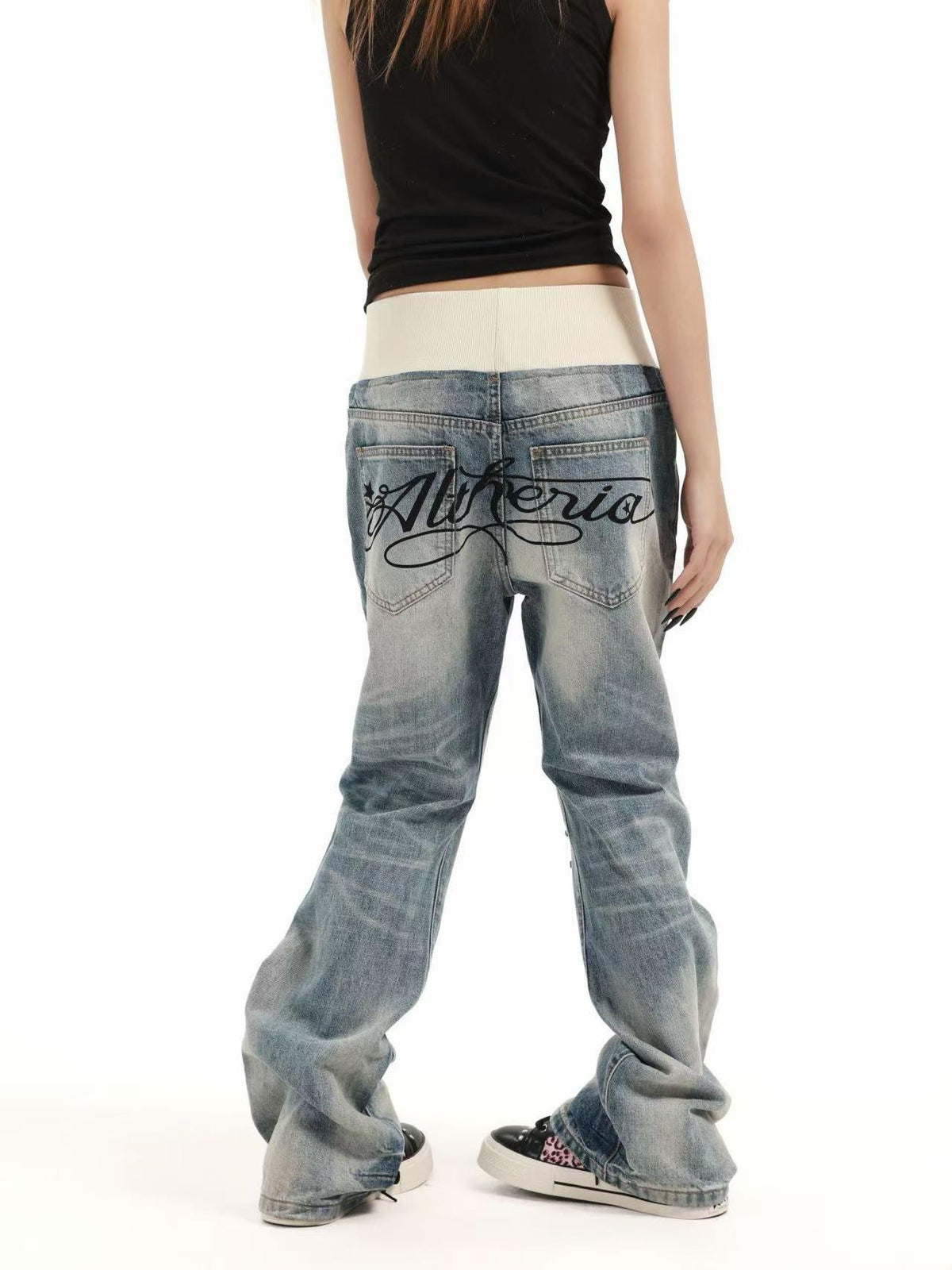 DETW OnLine Ribbed Knit Waist Rivet Slogan Print Loose Straight Women&