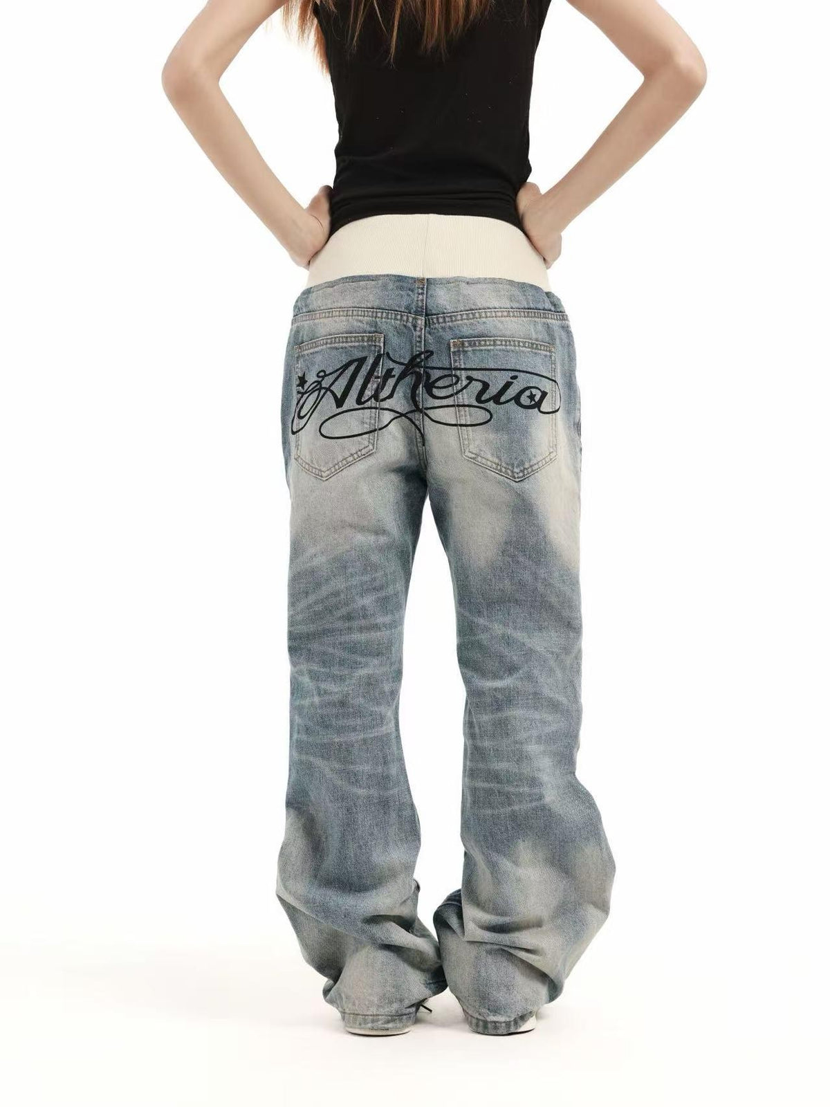 DETW OnLine Ribbed Knit Waist Rivet Slogan Print Loose Straight Women&
