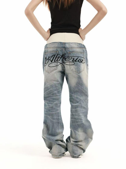 DETW OnLine Ribbed Knit Waist Rivet Slogan Print Loose Straight Women&