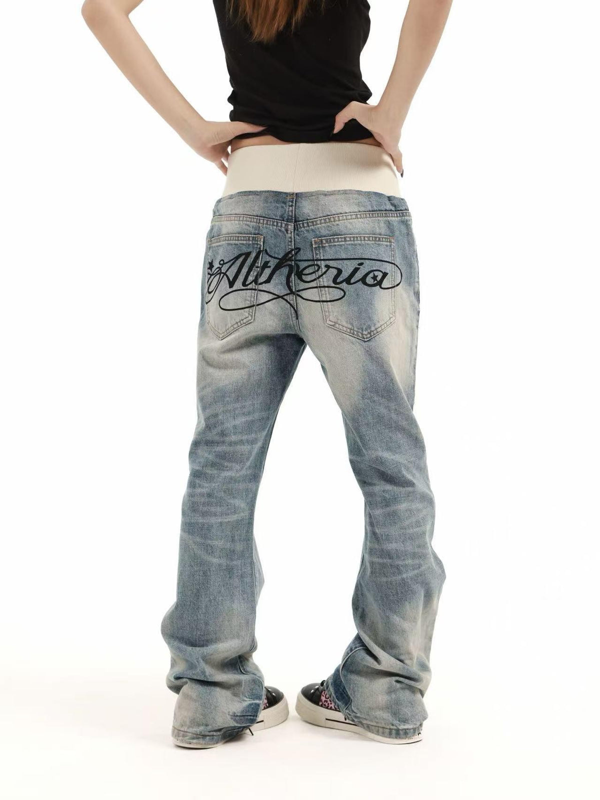 DETW OnLine Ribbed Knit Waist Rivet Slogan Print Loose Straight Women&