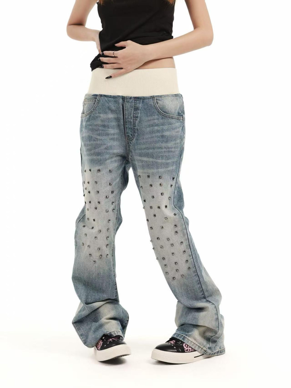 DETW OnLine Ribbed Knit Waist Rivet Slogan Print Loose Straight Women&