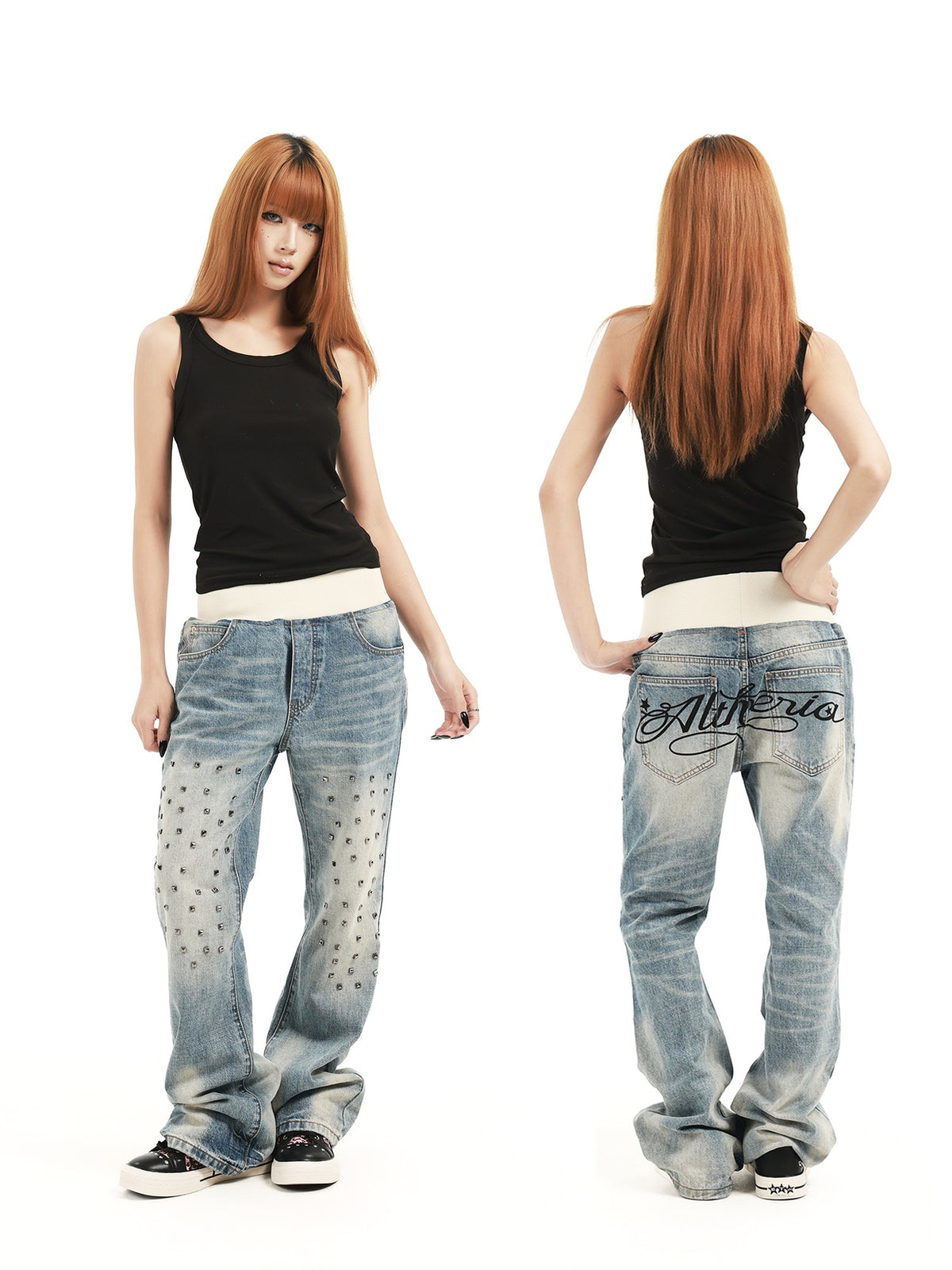 DETW OnLine Ribbed Knit Waist Rivet Slogan Print Loose Straight Women&