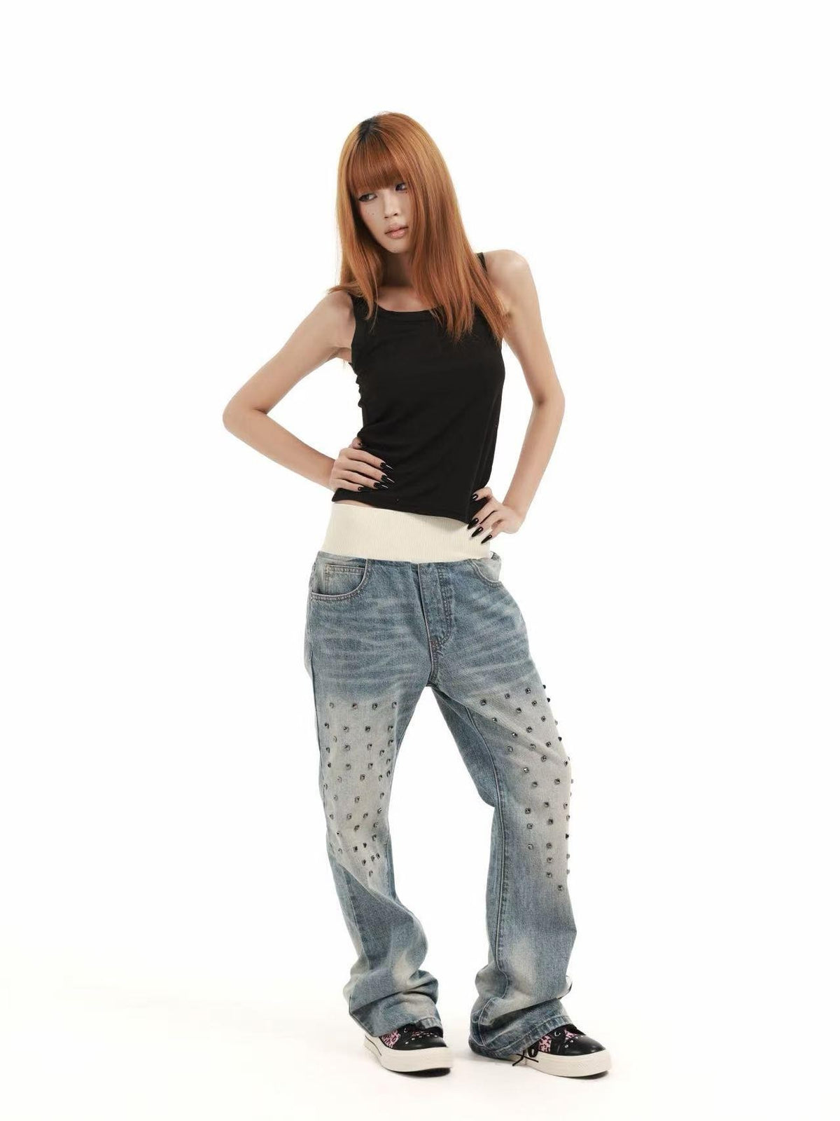 DETW OnLine Ribbed Knit Waist Rivet Slogan Print Loose Straight Women&