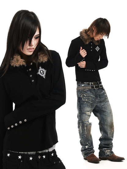 DETW OnLine Skull Brooch Embroidered Fur Collar Spliced Slim Fit Women&