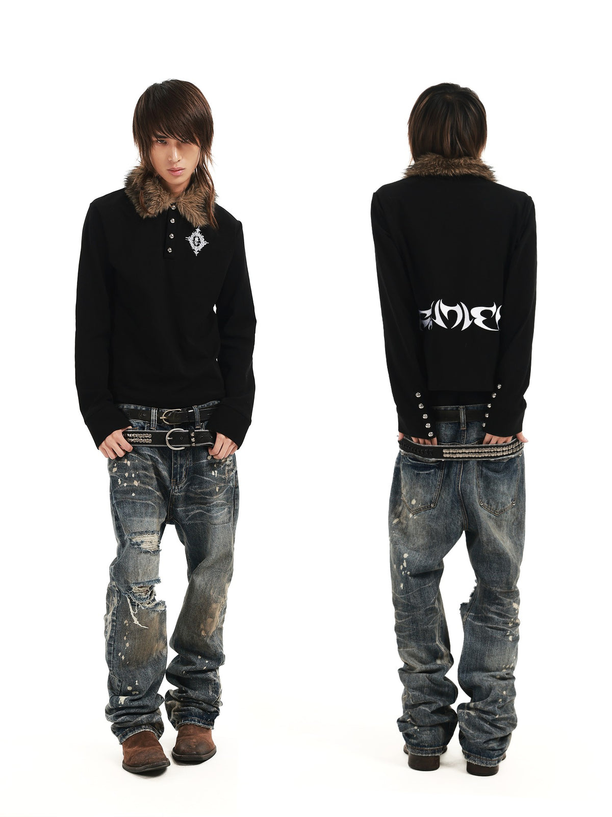 DETW OnLine Skull Brooch Embroidered Fur Collar Spliced Slim Fit Women&