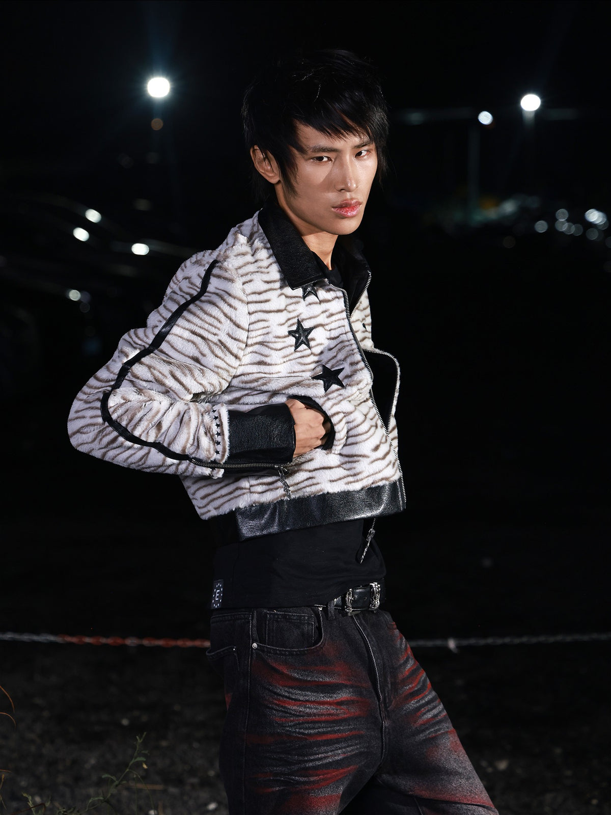 DETW OnLine Tiger Print Patchwork Slim Fit Lapel Cropped Women&