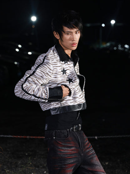 DETW OnLine Tiger Print Patchwork Slim Fit Lapel Cropped Women&