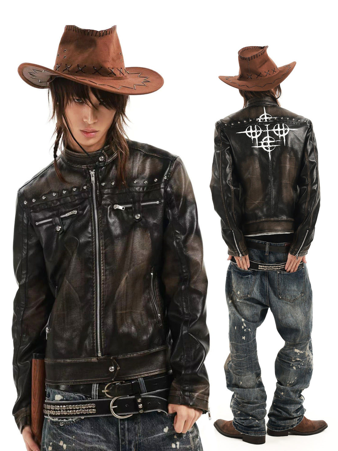 DETW OnLine Vintage Punk Hand Brushed Studded Stand Collar Women&
