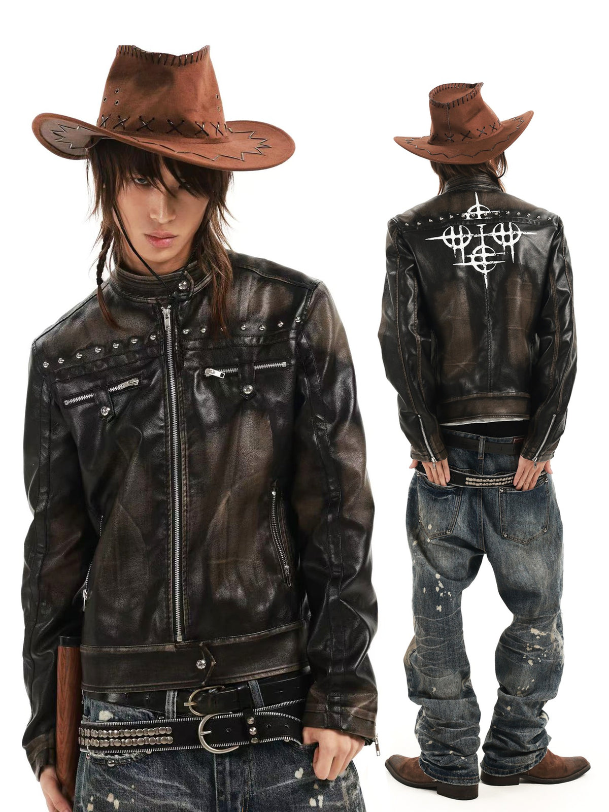 DETW OnLine Vintage Punk Hand Brushed Studded Stand Collar Women&