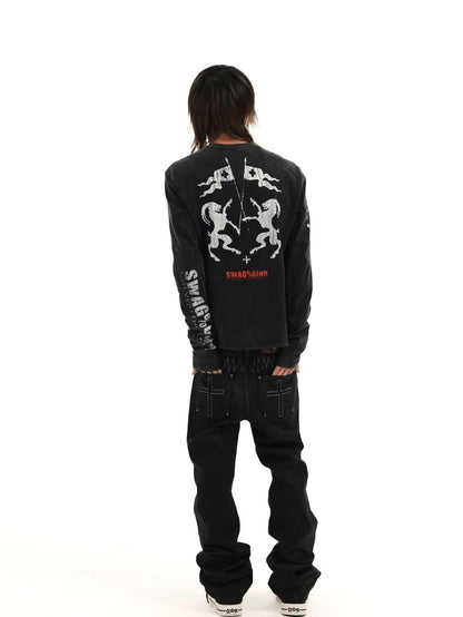 DETW OnLine Washed Graphic Demon Sheep Print Slim Fit Women&