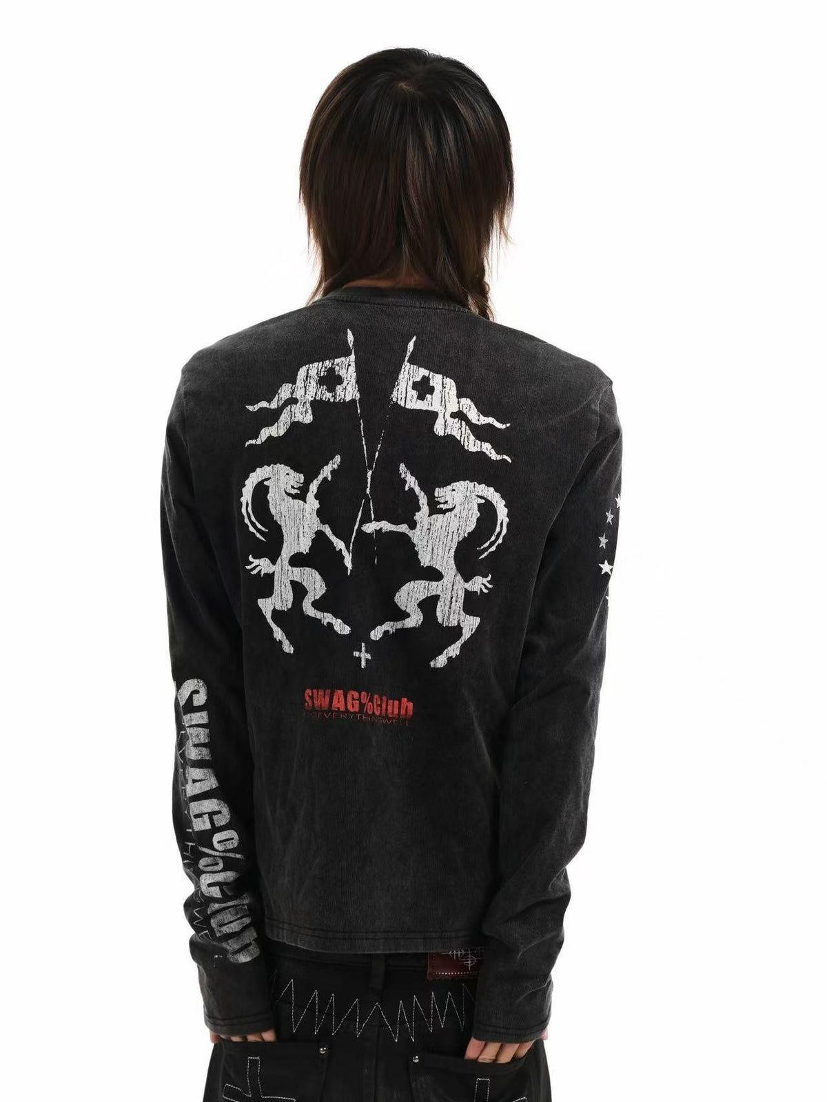 DETW OnLine Washed Graphic Demon Sheep Print Slim Fit Women&