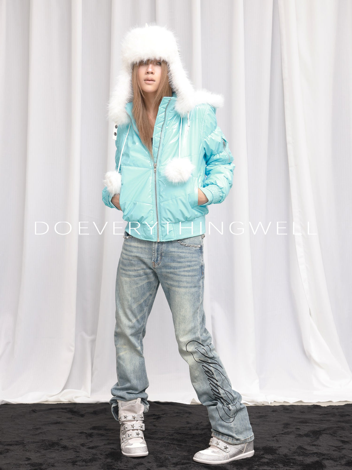 DETW OnLine Washed Light Ice Blue Studded Script Print Women&