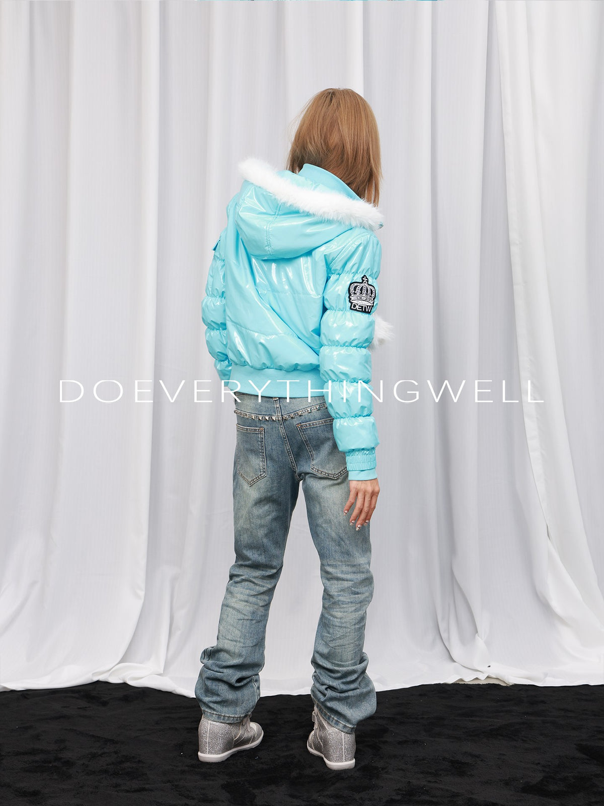 DETW OnLine Washed Light Ice Blue Studded Script Print Women&