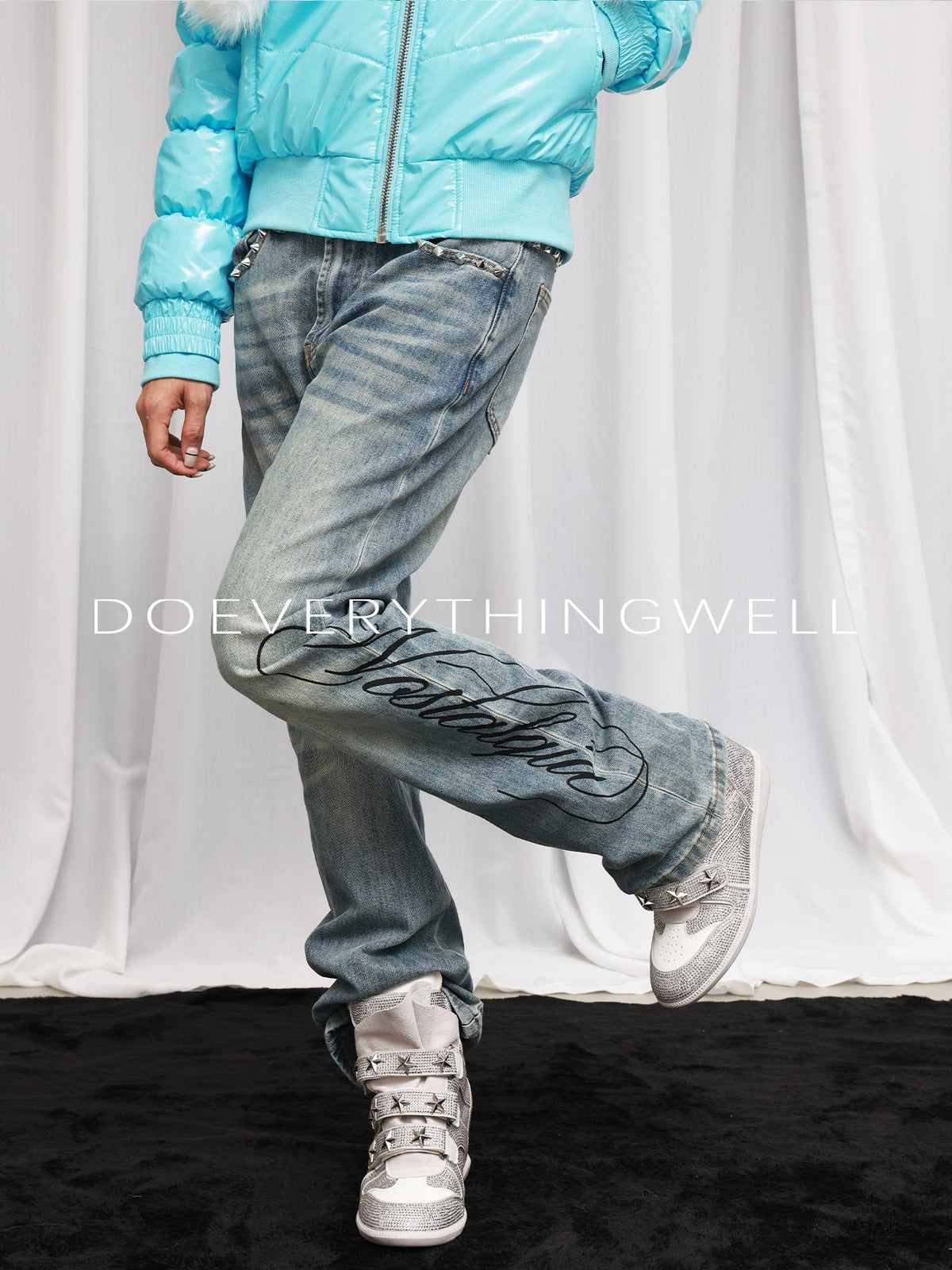 DETW OnLine Washed Light Ice Blue Studded Script Print Women&