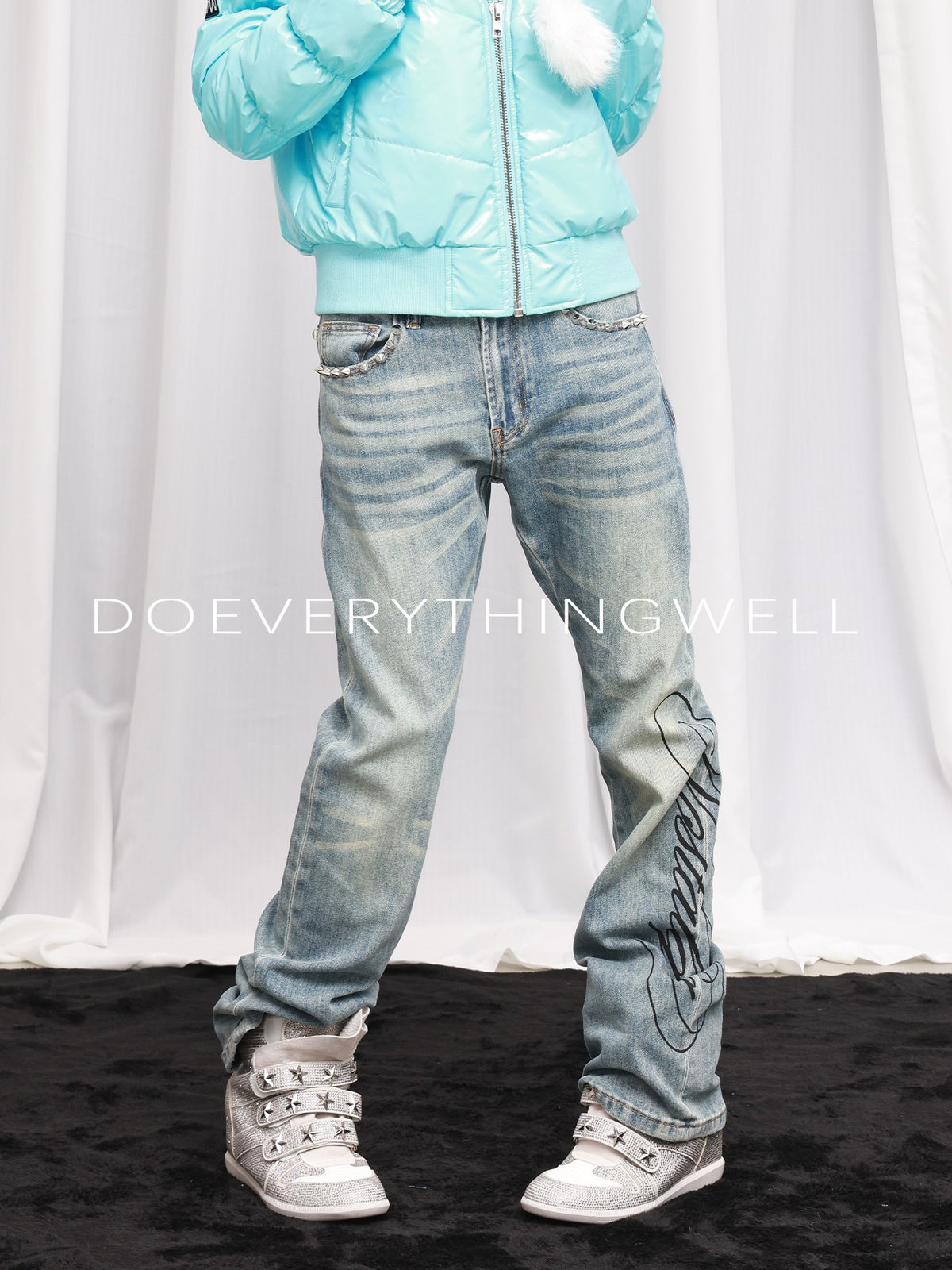 DETW OnLine Washed Light Ice Blue Studded Script Print Women&