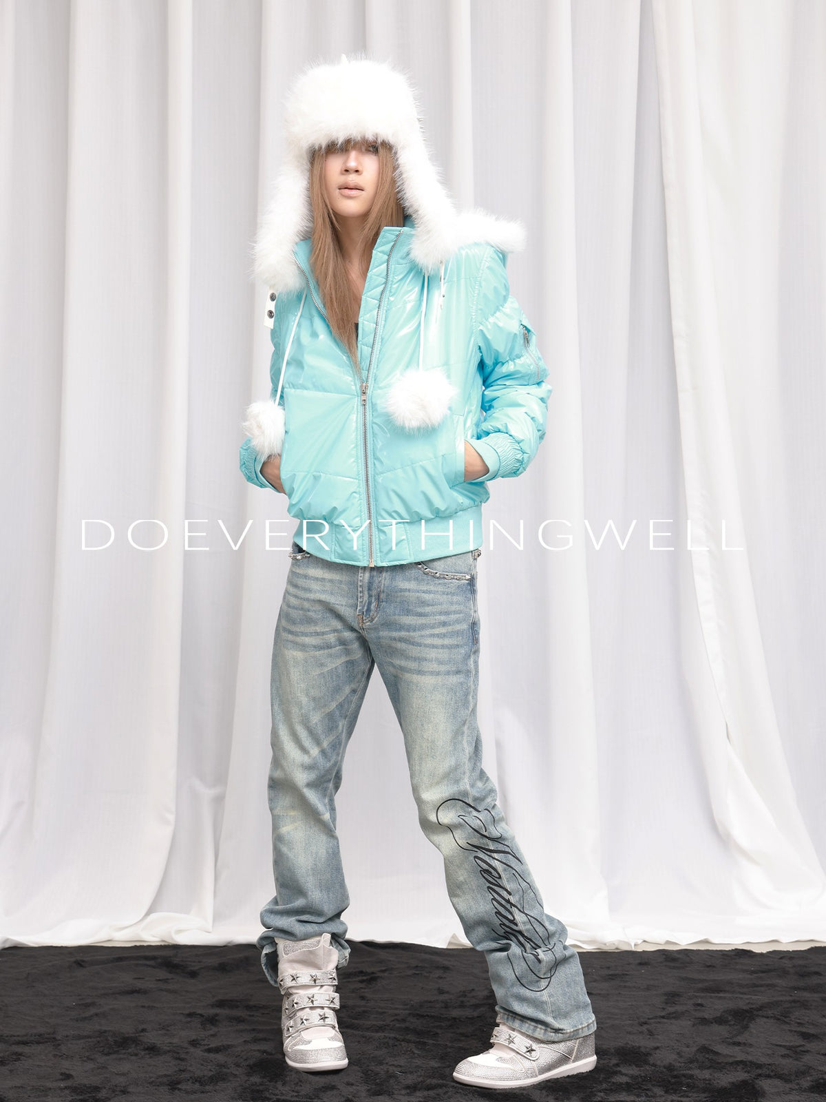 DETW OnLine Washed Light Ice Blue Studded Script Print Women&
