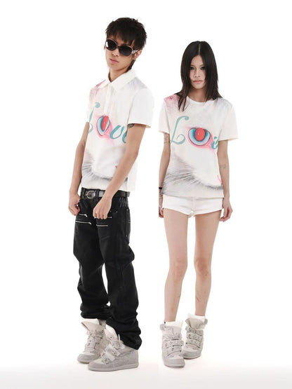DETW onLine 3d Cat Digital Print Polo Collar Slimming Women&