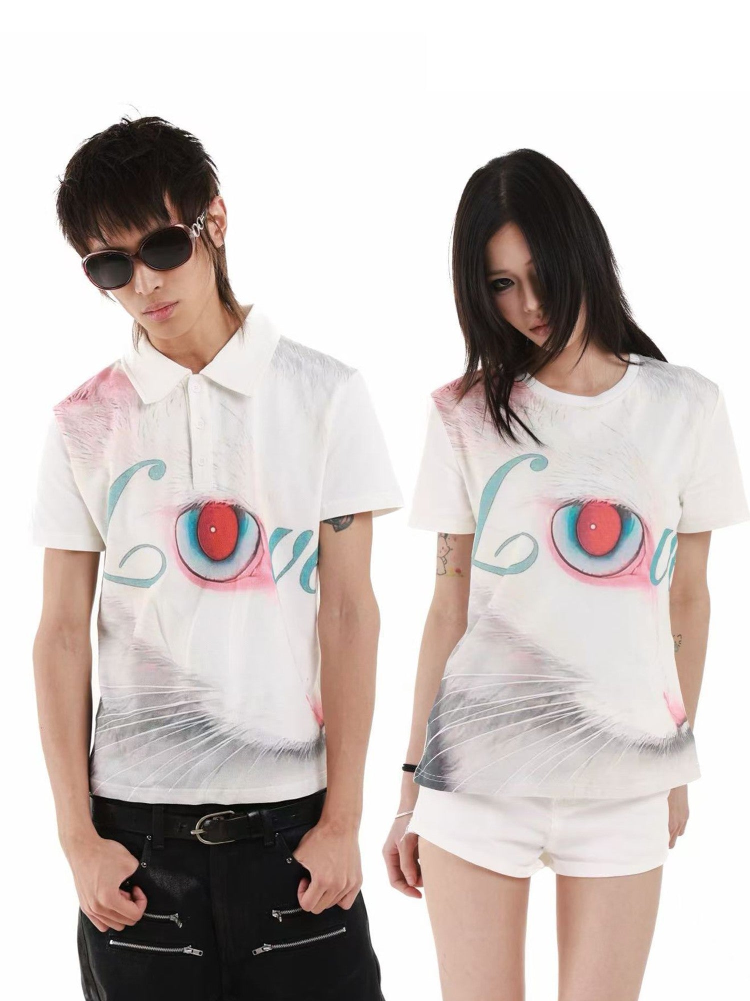 DETW onLine 3d Cat Digital Print Polo Collar Slimming Women&