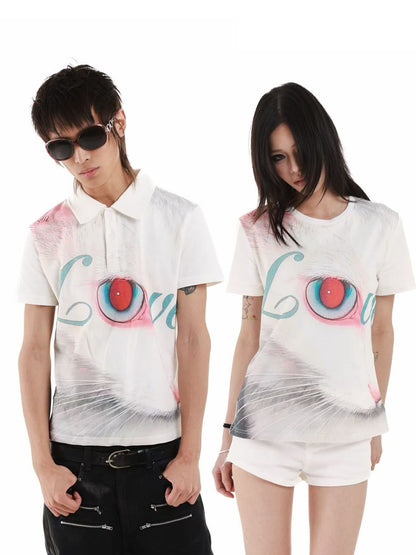 DETW onLine 3d Cat Digital Print Polo Collar Slimming Women&