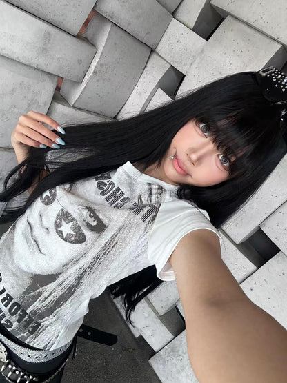 DETW onLine Allover Girl Portrait Punk Rhinestone Print Women&
