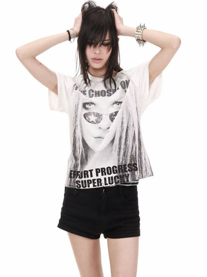 DETW onLine Allover Girl Portrait Punk Rhinestone Print Women&