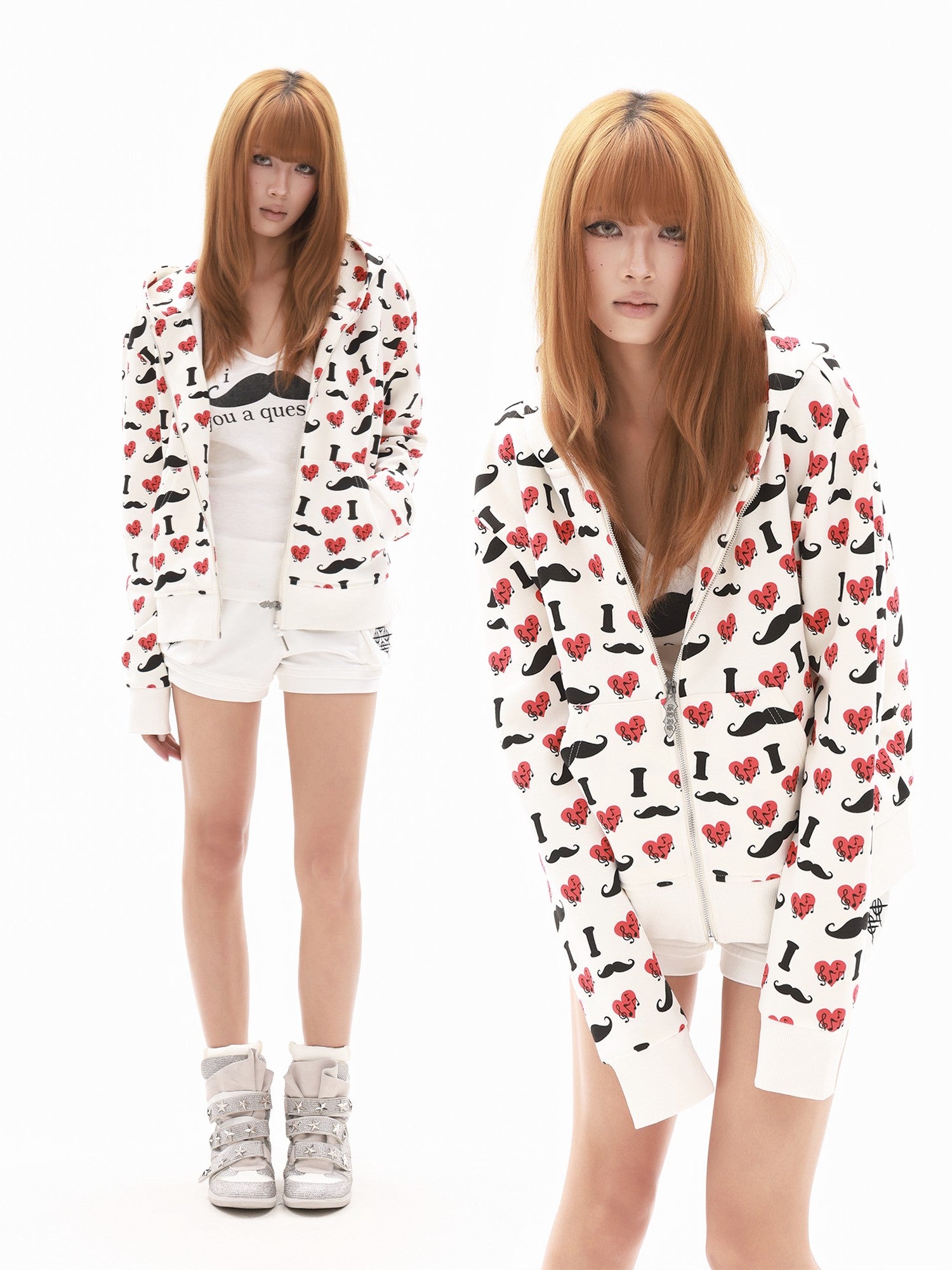 DETW onLine Beige I Love Moustache Heart Print Cropped Women&