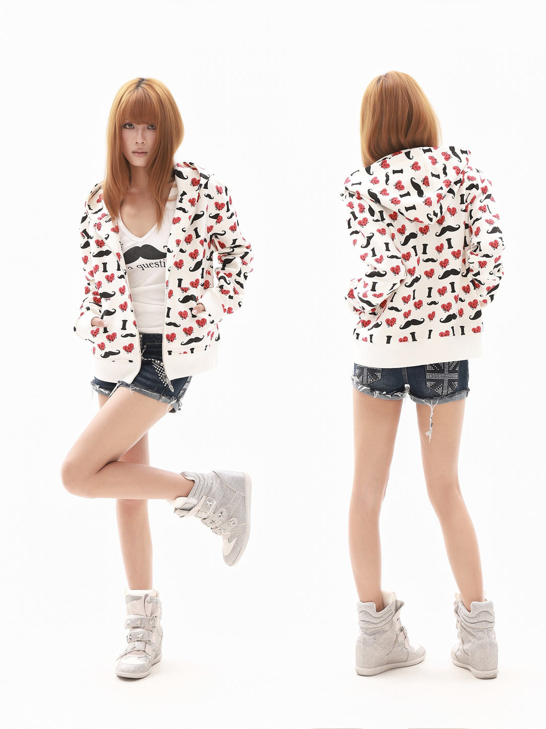 DETW onLine Beige I Love Moustache Heart Print Cropped Women&