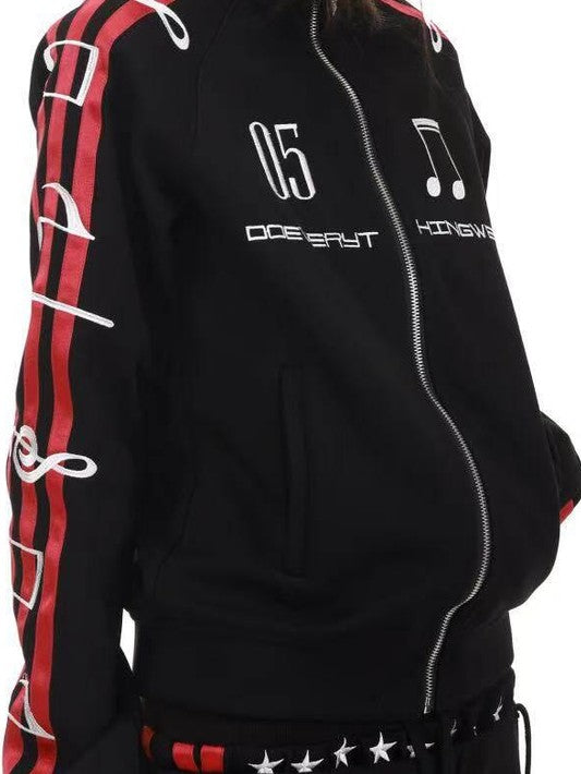 DETW onLine Black 3d Embroidered Music Symbol Women&