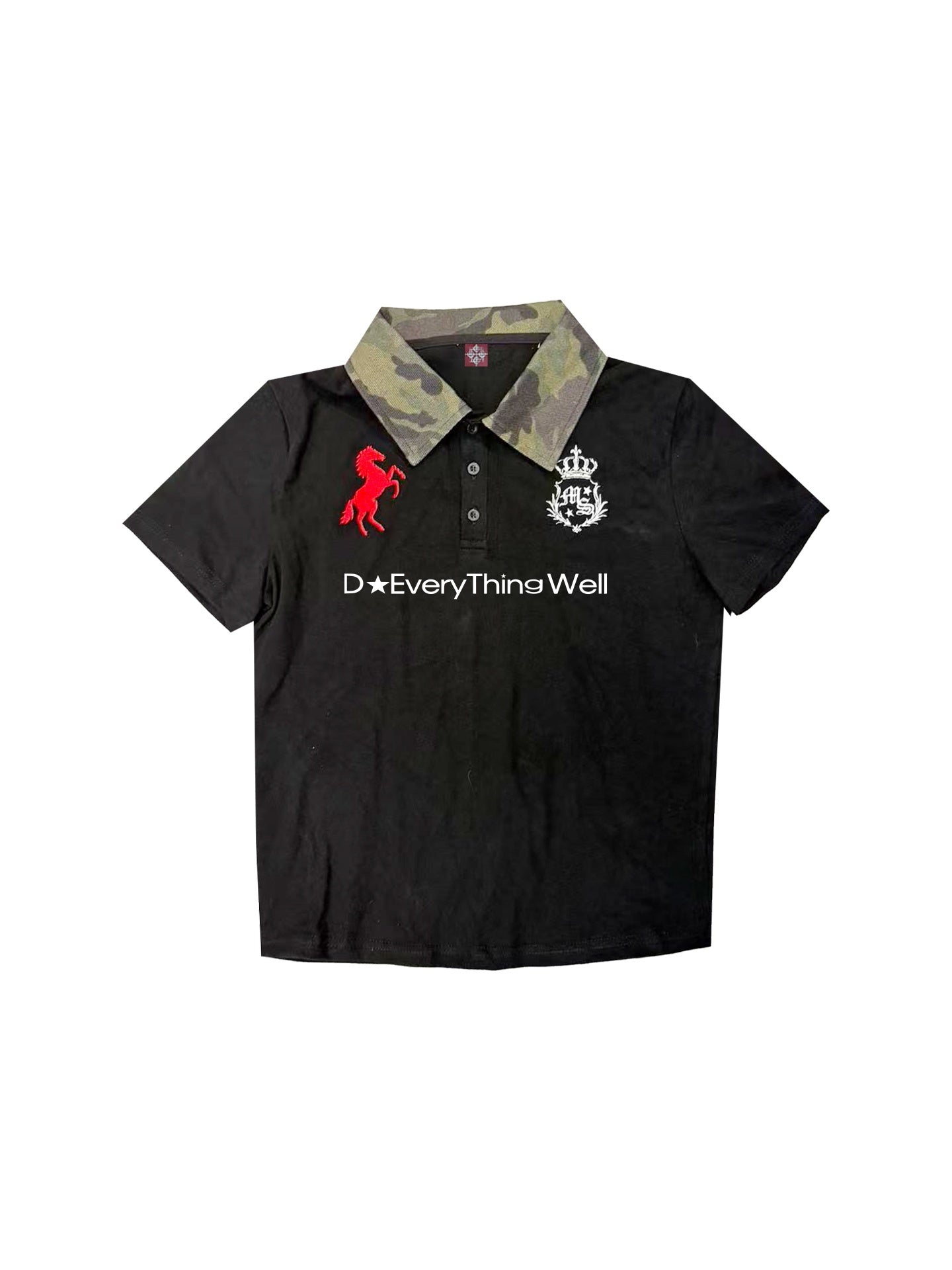 DETW_onLine_Black_Camo_Colorblock_Embroidered_Print_Polo_Women&