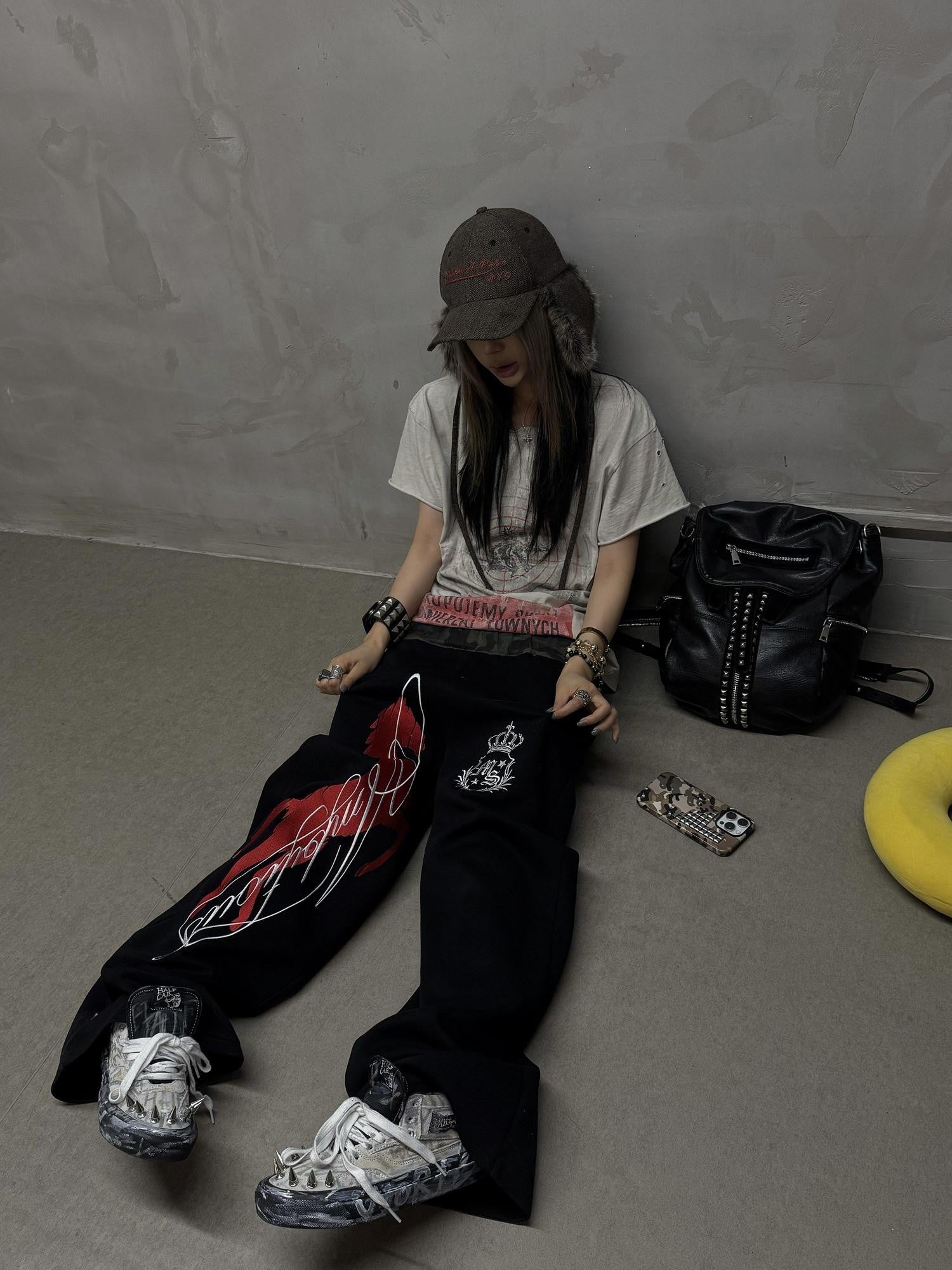 DETW onLine Black Camo Contrast Embroidery Baggy Women&
